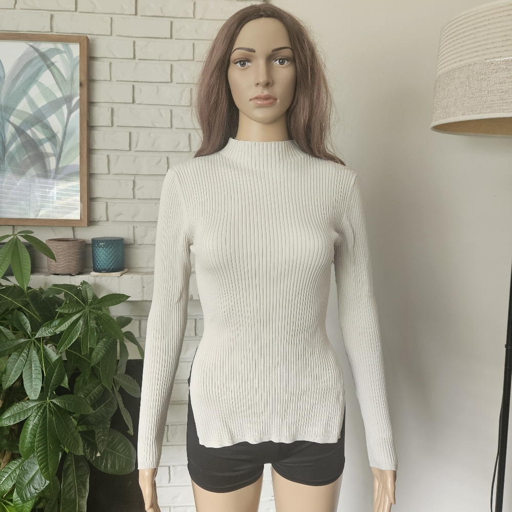 Aritzia BABATON Cream Ribbed Long Sleeve Top Hi Lo Tie Back